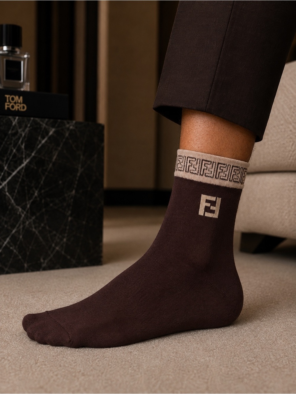 Fendi Men's Brown Crew Socks with Cream Logo Cuff
